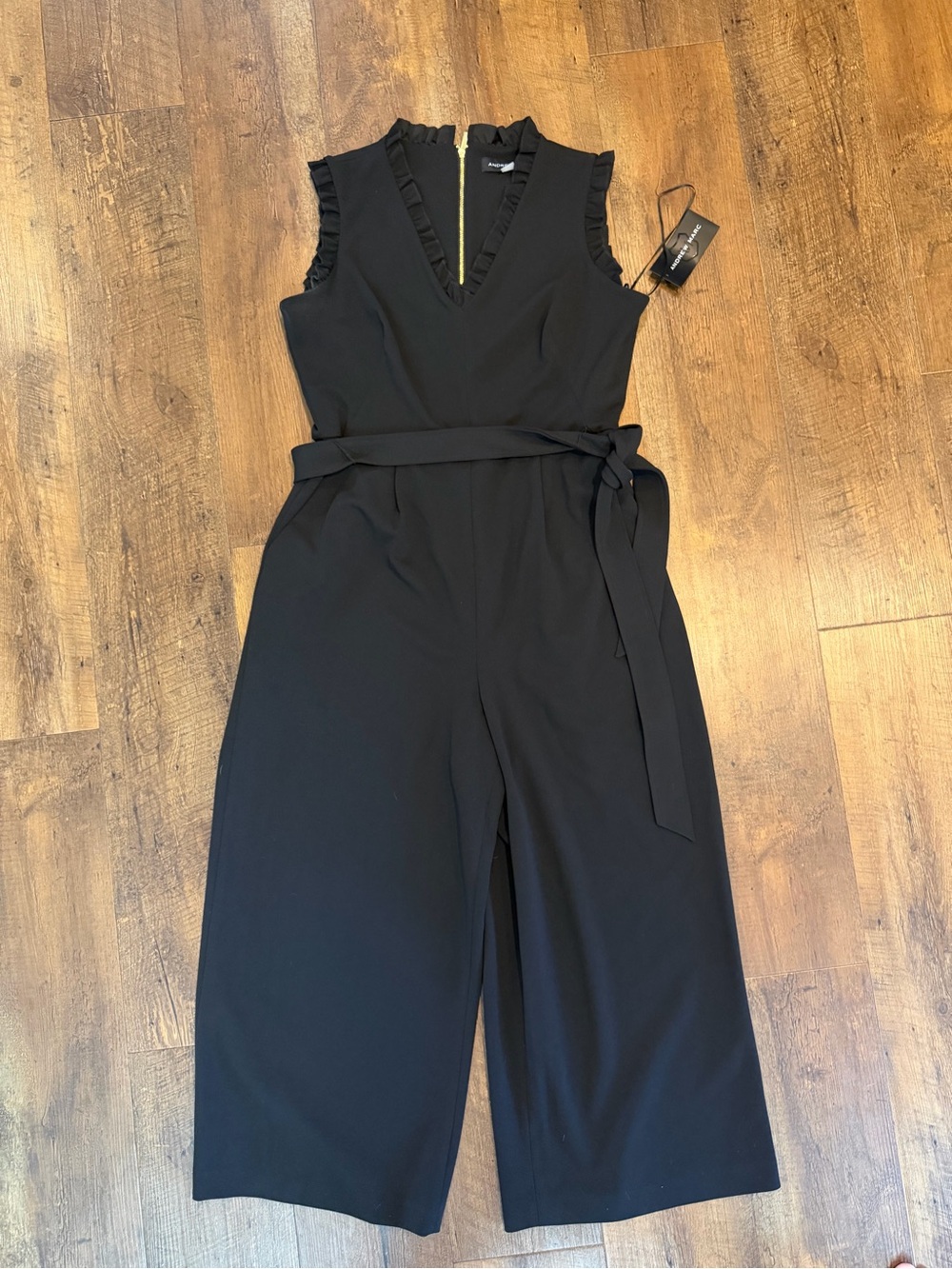 Andrew Marc Black Ruffle-Trim Sleeveless V-Neck Belted Jumpsuit